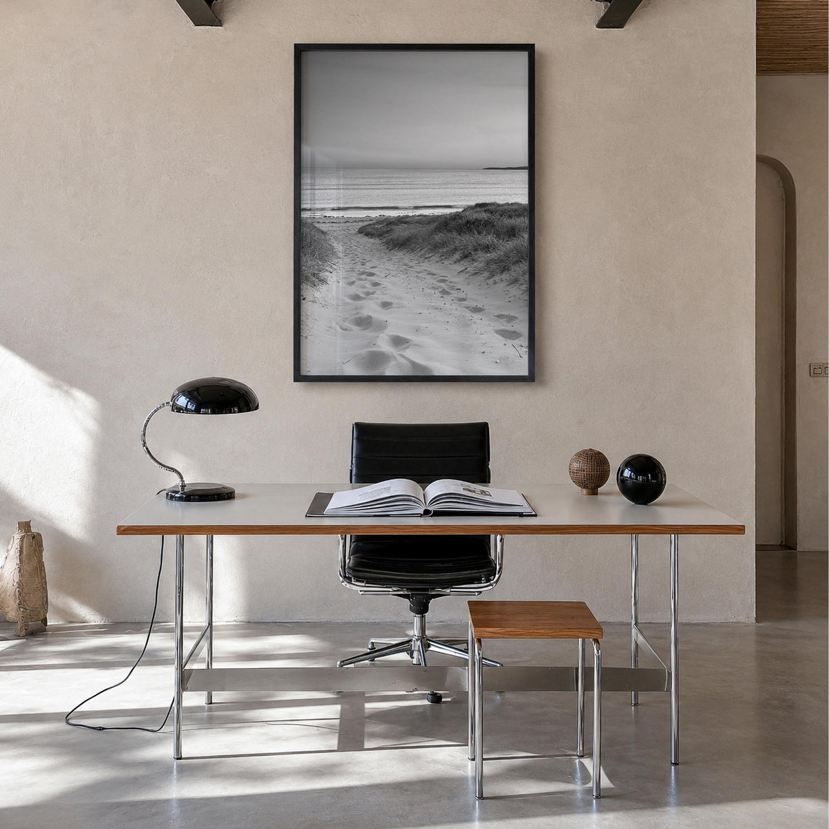 Beach Trail no. 1 black & white photo poster – vertical wall art in black wood frame, hanging on wall