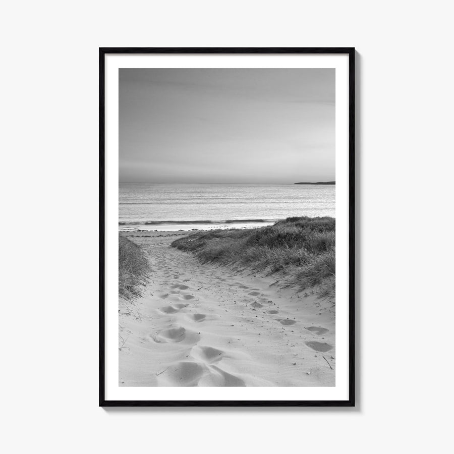 Beach Trail no. 1 black & white photo poster – vertical wall art, unframed print shown in interior mockup