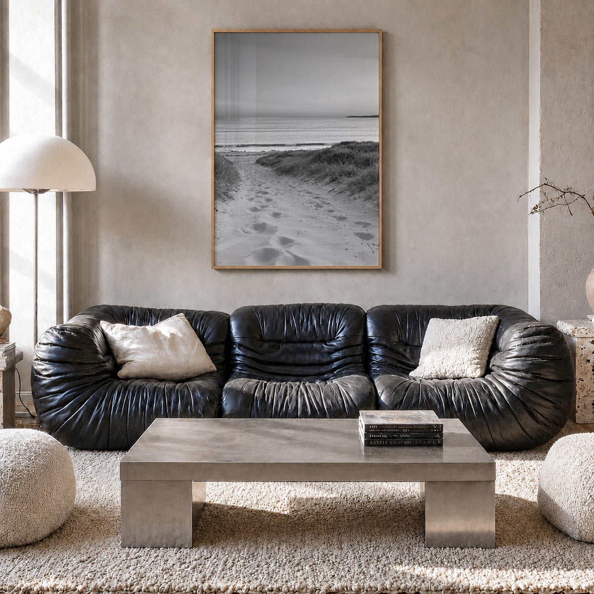Beach Trail no. 1 black & white photo poster – vertical wall art in natural wood frame, hanging on wall