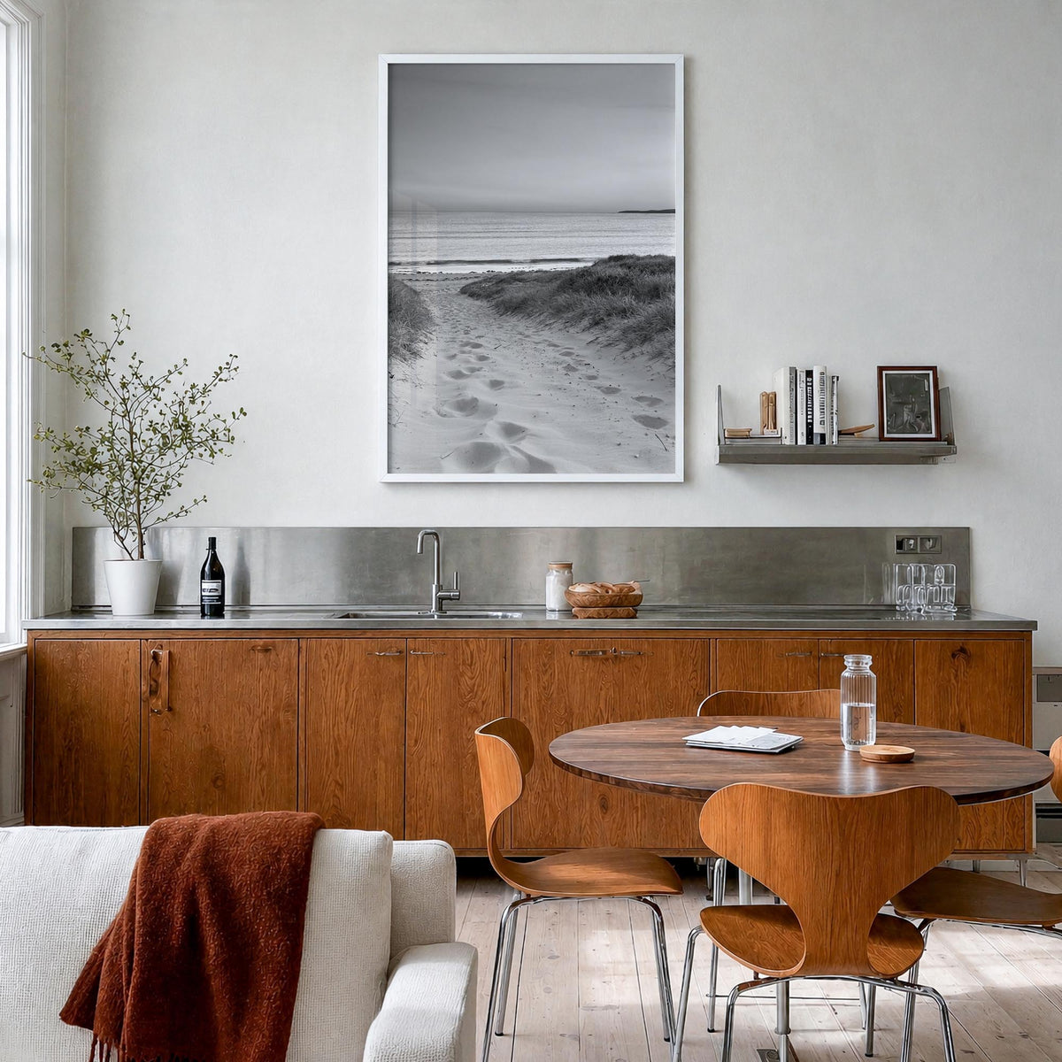 Beach Trail no. 1 black & white photo poster – vertical wall art in white wood frame, hanging on wall