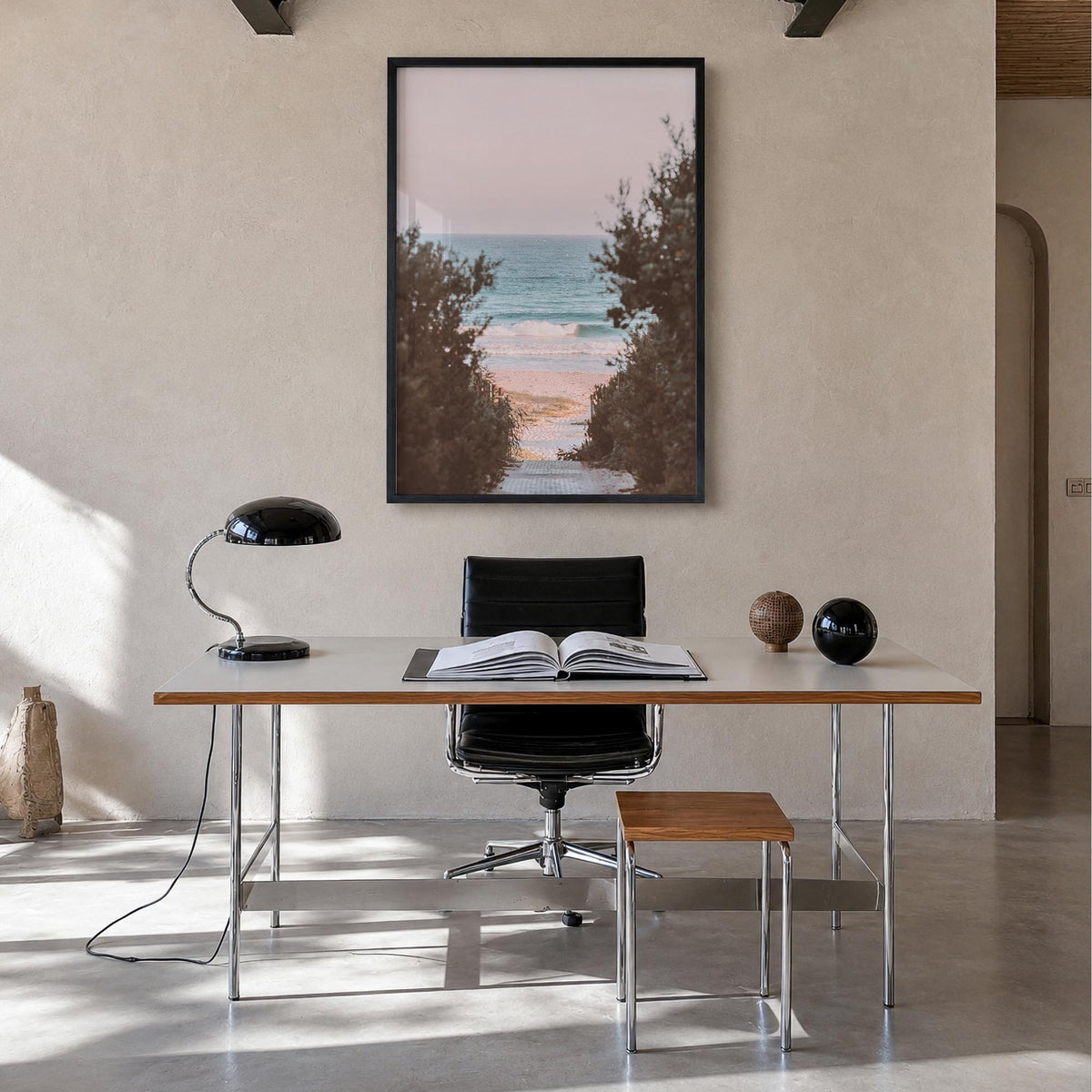 Beach Trail no. 1 colorful photo poster – vertical wall art in black wood frame, hanging on wall