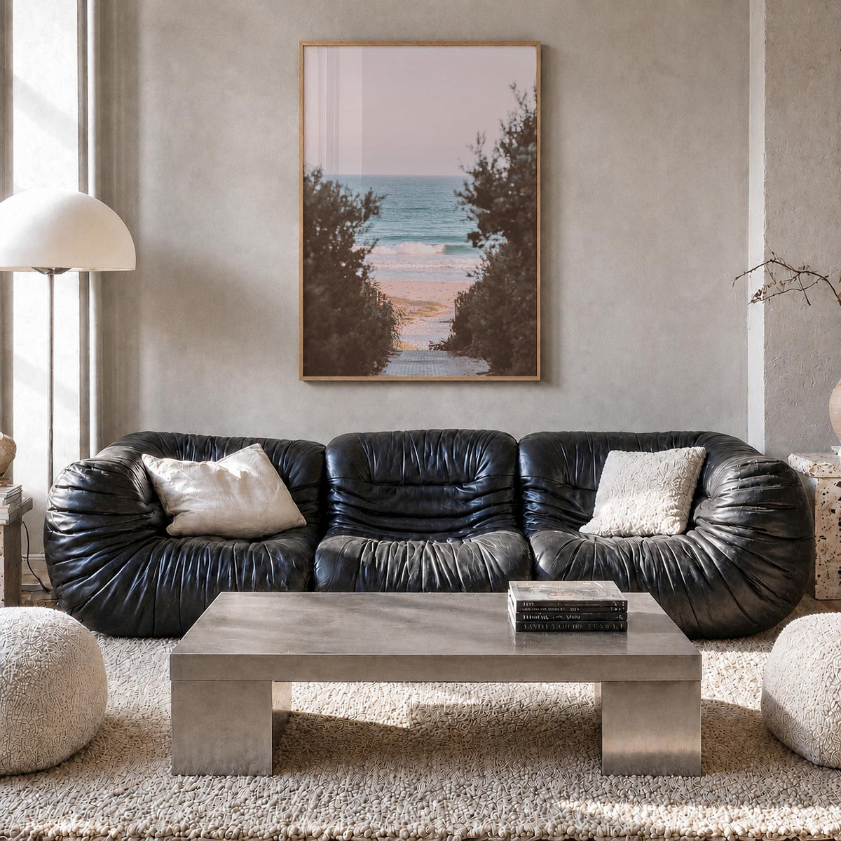 Beach Trail no. 1 colorful photo poster – vertical wall art in natural wood frame, hanging on wall