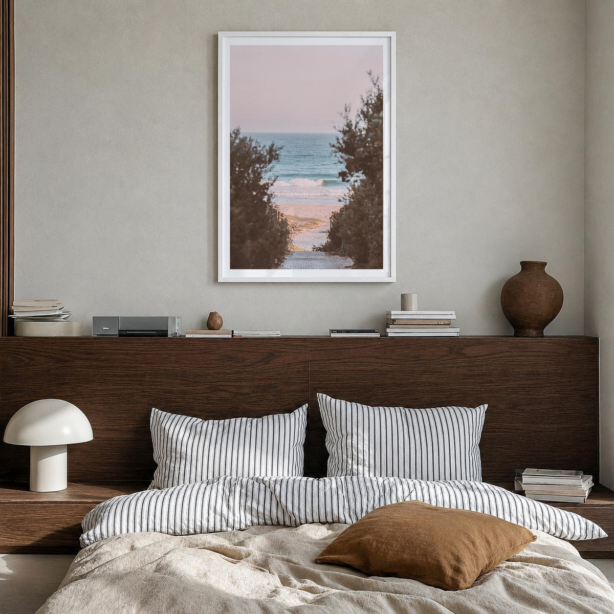 Beach Trail no. 1 colorful photo poster – vertical wall art in white wood frame with white border, hanging on wall