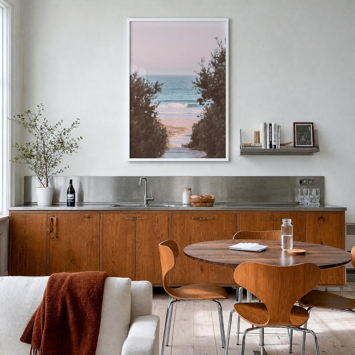 Beach Trail no. 1 colorful photo poster – vertical wall art in white wood frame, hanging on wall