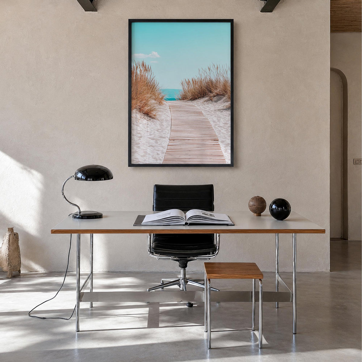 Beach Trail no. 2 colorful photo poster – vertical wall art in black wood frame, hanging on wall
