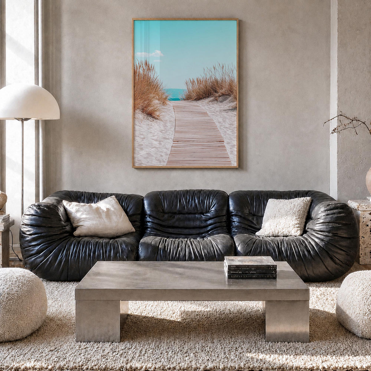 Beach Trail no. 2 colorful photo poster – vertical wall art in natural wood frame, hanging on wall