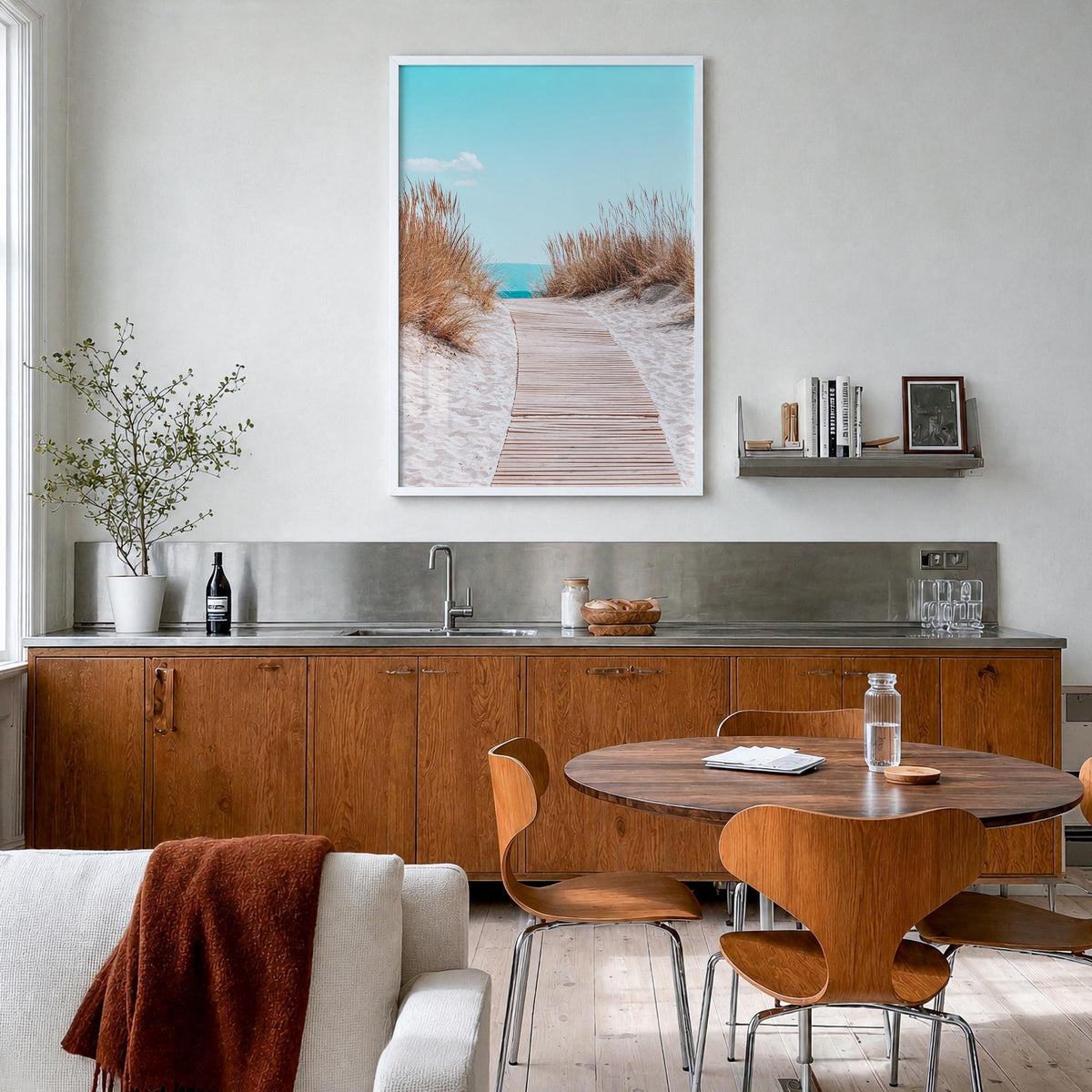 Beach Trail no. 2 colorful photo poster – vertical wall art in white wood frame, hanging on wall