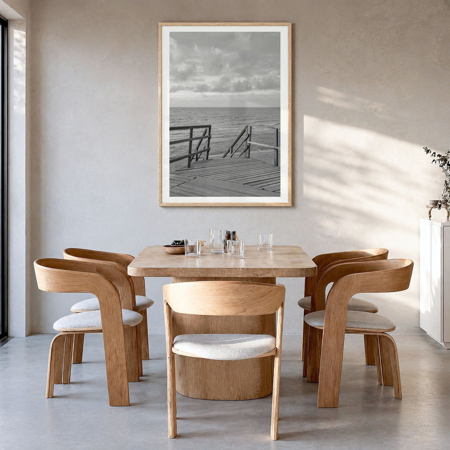 Beach Trail Photo No 2 Poster in a natural wood frame, hanging in a dining room, white border