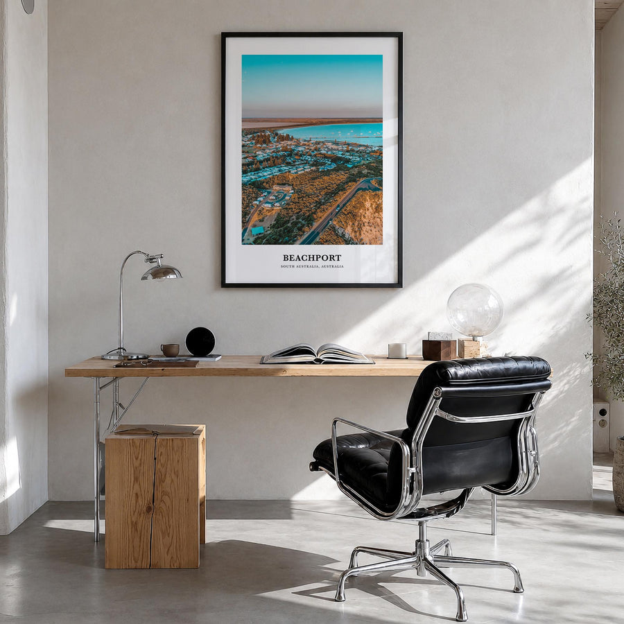 Beachport colorful classic poster of Australia – vertical wall art in black wood frame, hanging on wall