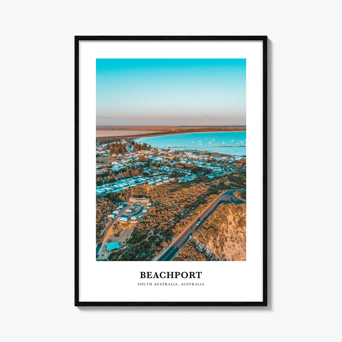 Beachport colorful classic poster of Australia – vertical wall art, unframed print shown in interior mockup