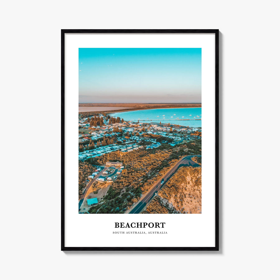 Beachport colorful classic poster of Australia – vertical wall art, unframed print shown in interior mockup