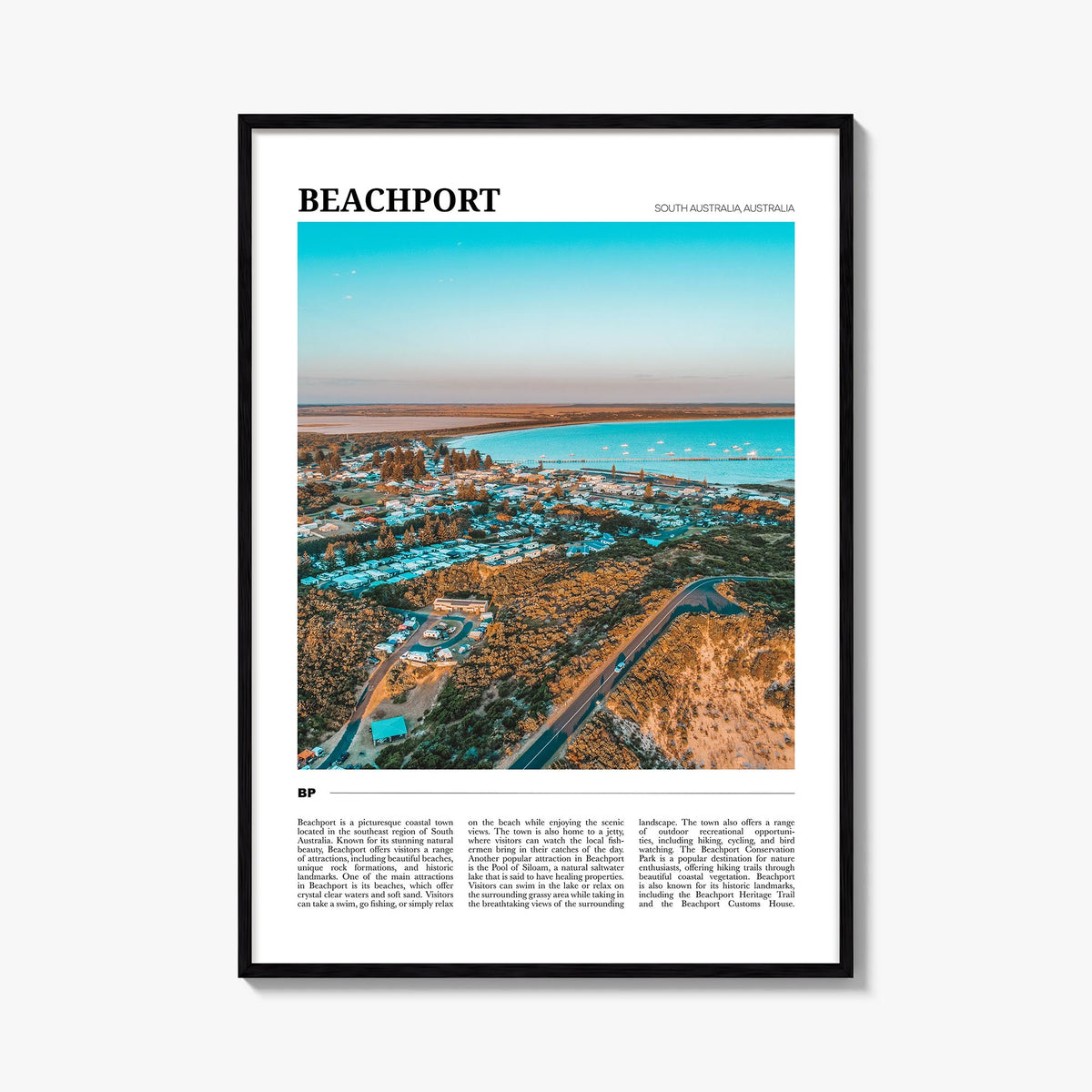 Beachport colorful travel poster of Australia – vertical wall art, unframed print shown in interior mockup