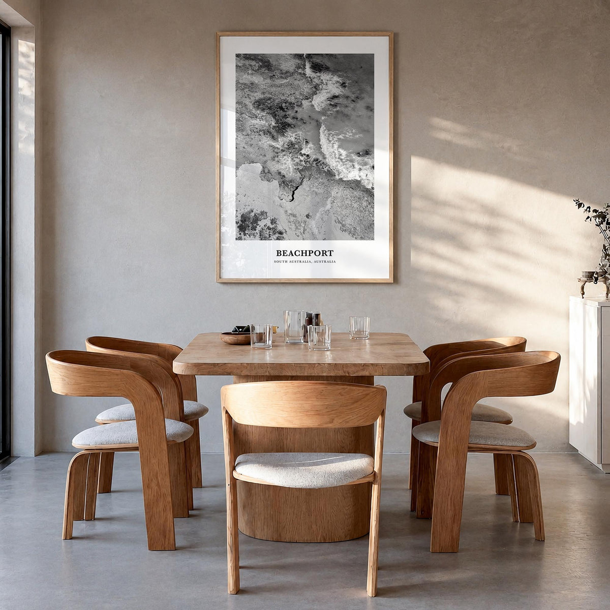 Beachport no. 1 black & white classic poster of Australia – vertical wall art in natural wood frame, hanging on wall