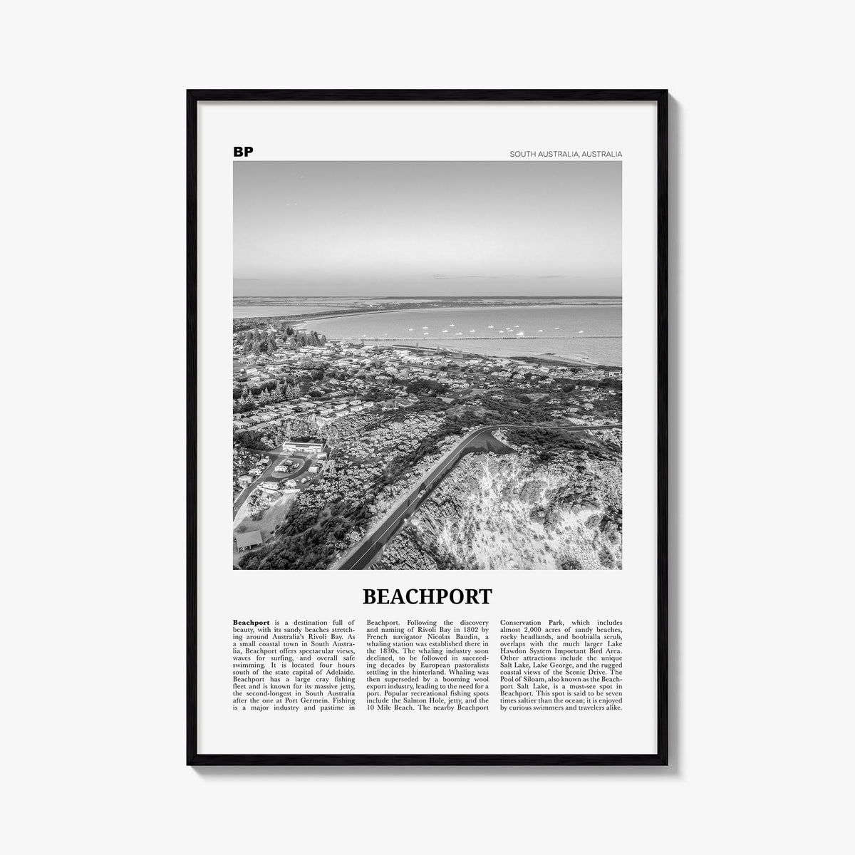 Beachport no. 1 black & white newspaper poster of Australia – vertical wall art, unframed print shown in interior mockup