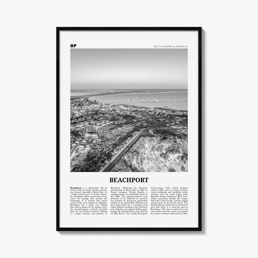 Beachport no. 1 black & white newspaper poster of Australia – vertical wall art, unframed print shown in interior mockup