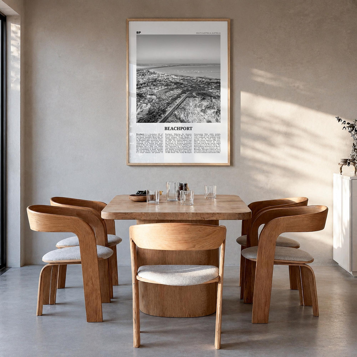 Beachport no. 1 black & white newspaper poster of Australia – vertical wall art in natural wood frame, hanging on wall