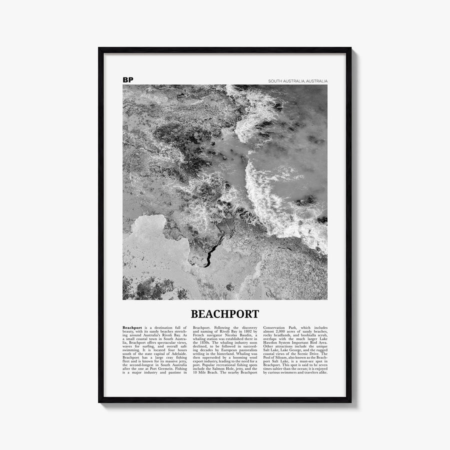 Beachport no. 2 black & white newspaper poster of Australia – vertical wall art, unframed print shown in interior mockup