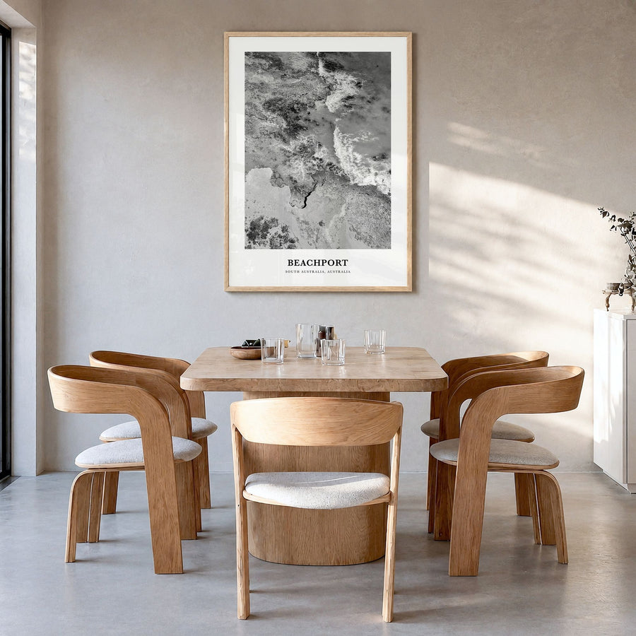 Beachport Classic No 1 Poster in a natural wood frame, hanging in a dining room