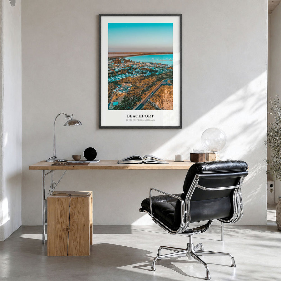 Beachport Classic Poster in a black wood frame, hanging in a bright home office
