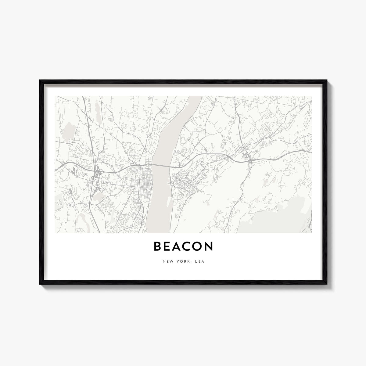 Beacon black & white map poster of New York, USA – horizontal wall art, unframed print shown in interior mockup