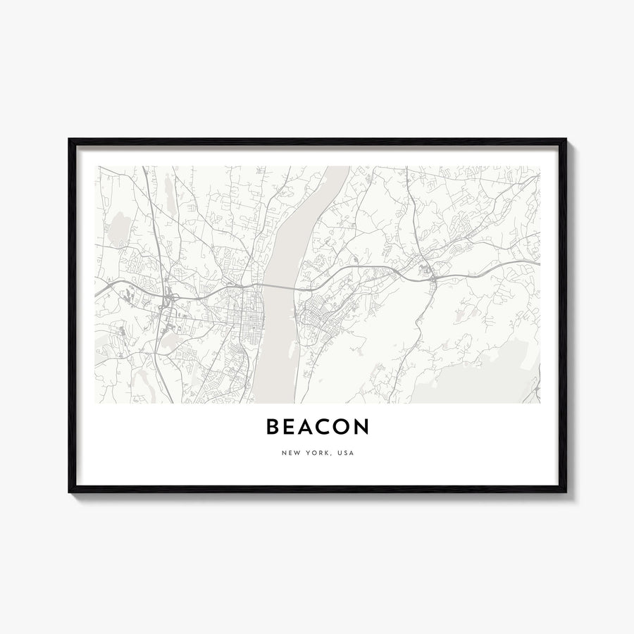 Beacon black & white map poster of New York, USA – horizontal wall art, unframed print shown in interior mockup