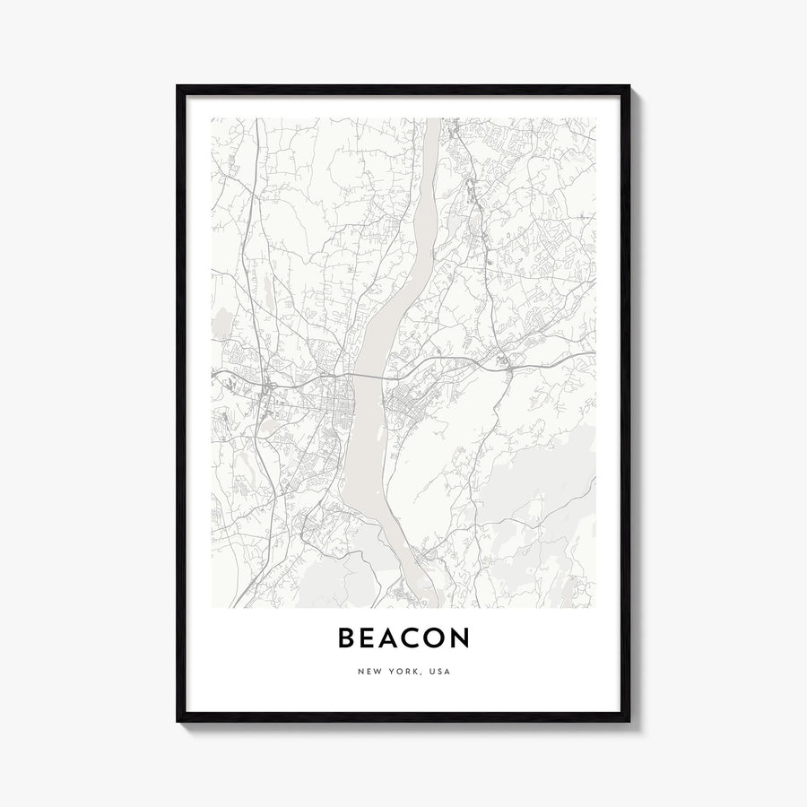 Beacon black & white map poster of New York, USA – vertical wall art, unframed print shown in interior mockup