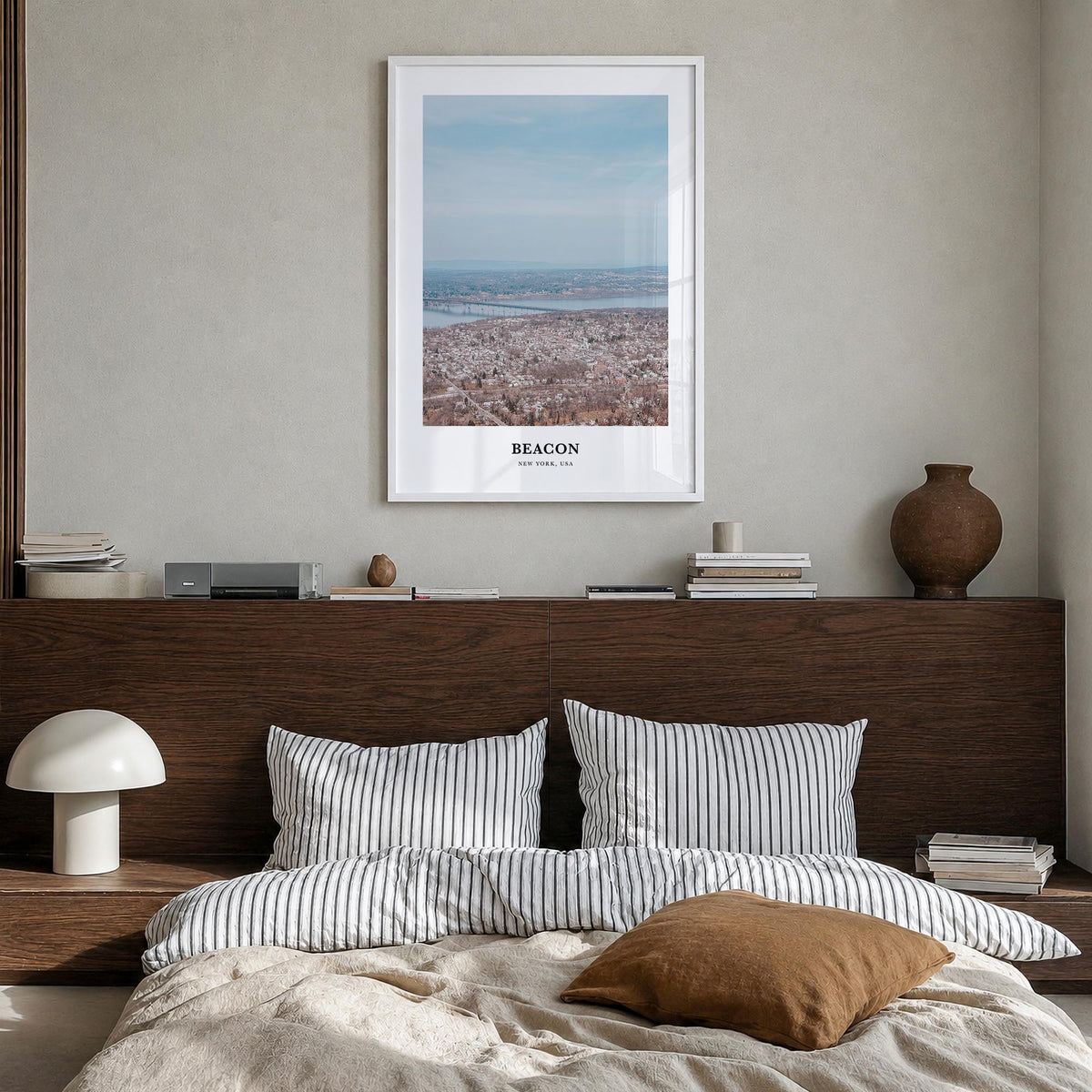 Beacon colorful classic poster of New York, USA – vertical wall art in white wood frame, hanging on wall