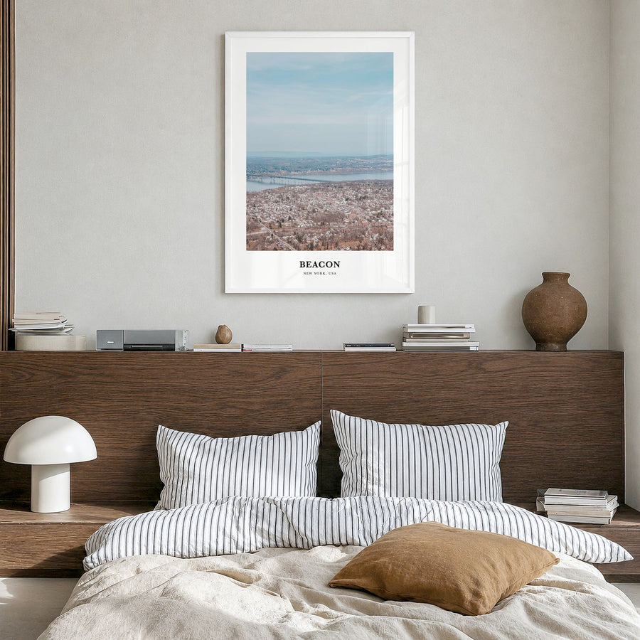 Beacon Classic Poster in a white wood frame, hanging in a bedroom