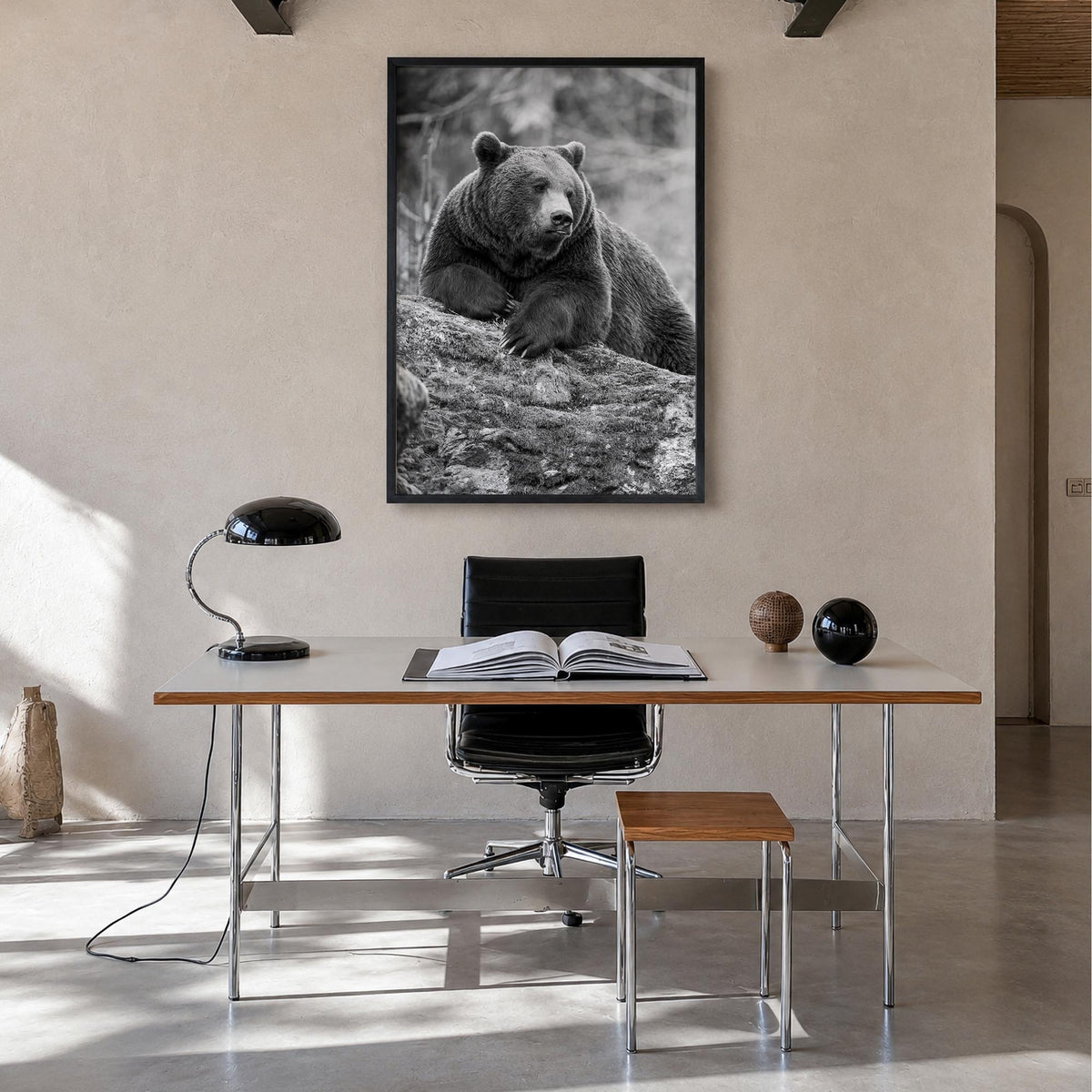Bear no. 1 black & white photo poster – vertical wall art in black wood frame, hanging on wall