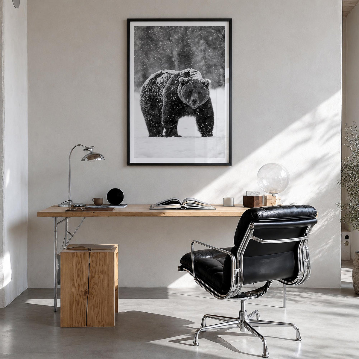 Bear no. 2 black & white photo poster – vertical wall art in black wood frame with white border, hanging on wall
