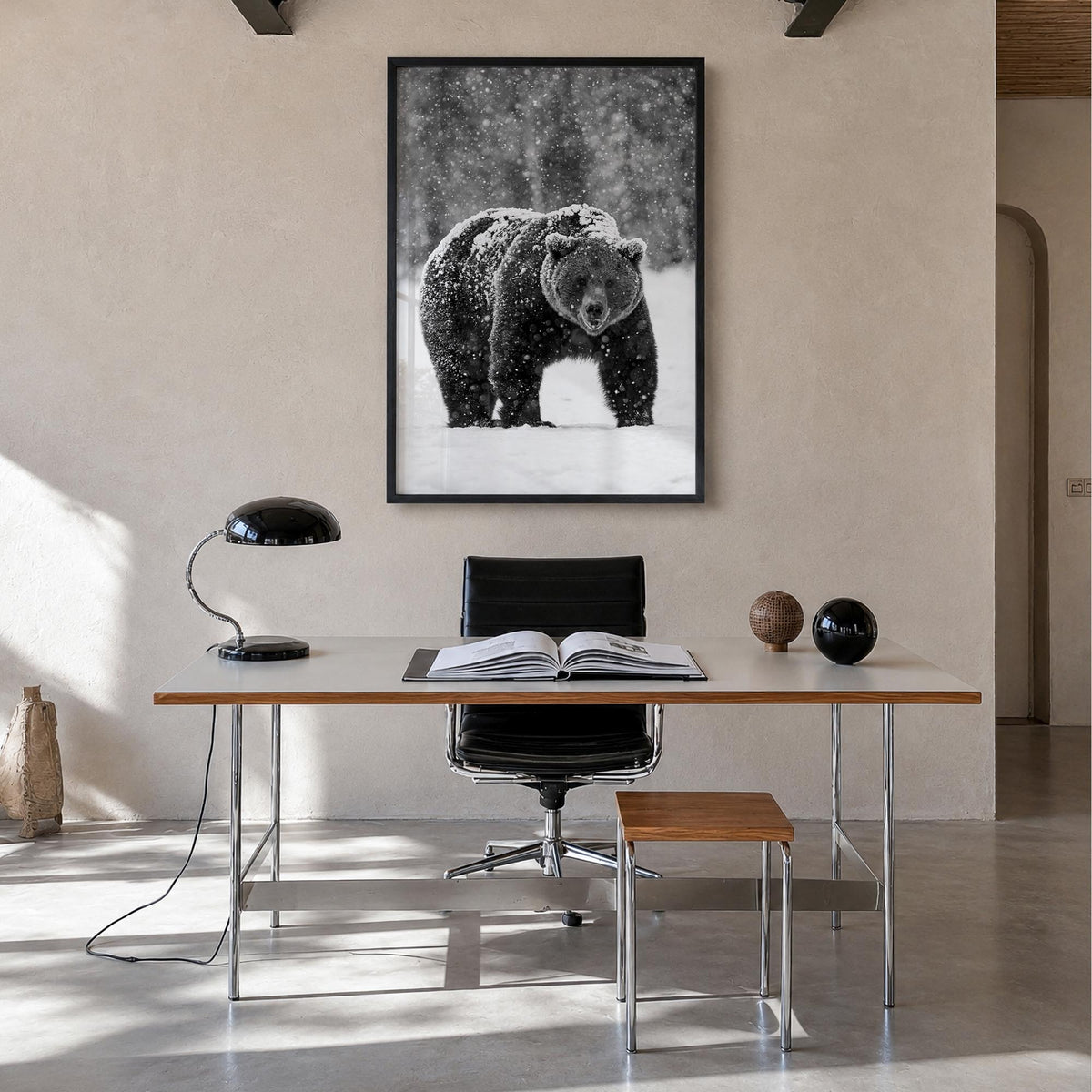 Bear no. 2 black & white photo poster – vertical wall art in black wood frame, hanging on wall