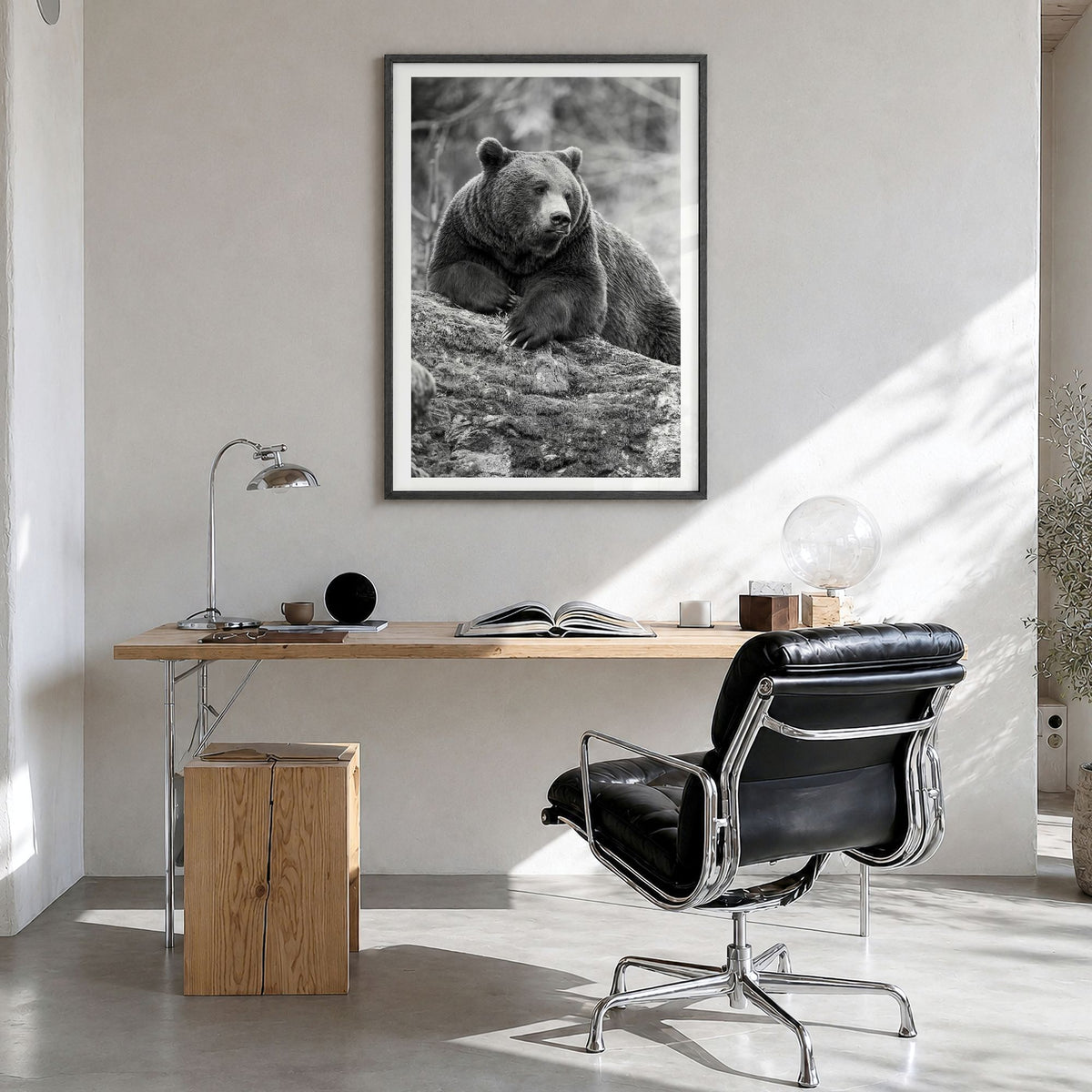 Bear Photo No 1 Poster in a black wood frame, hanging in a bright home office, white border