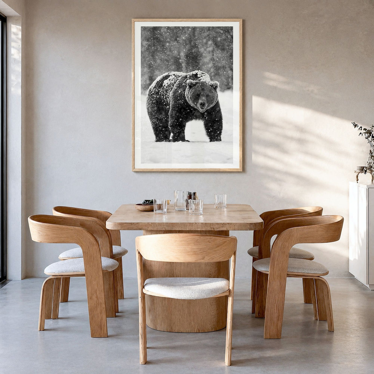 Bear Photo No 2 Poster in a natural wood frame, hanging in a dining room, white border