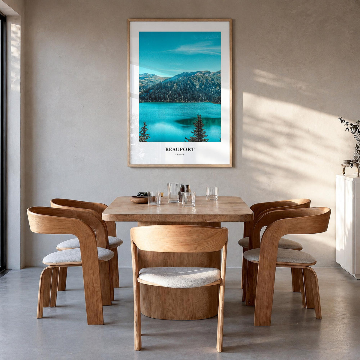 Beaufort, France colorful classic poster of France – vertical wall art in natural wood frame, hanging on wall