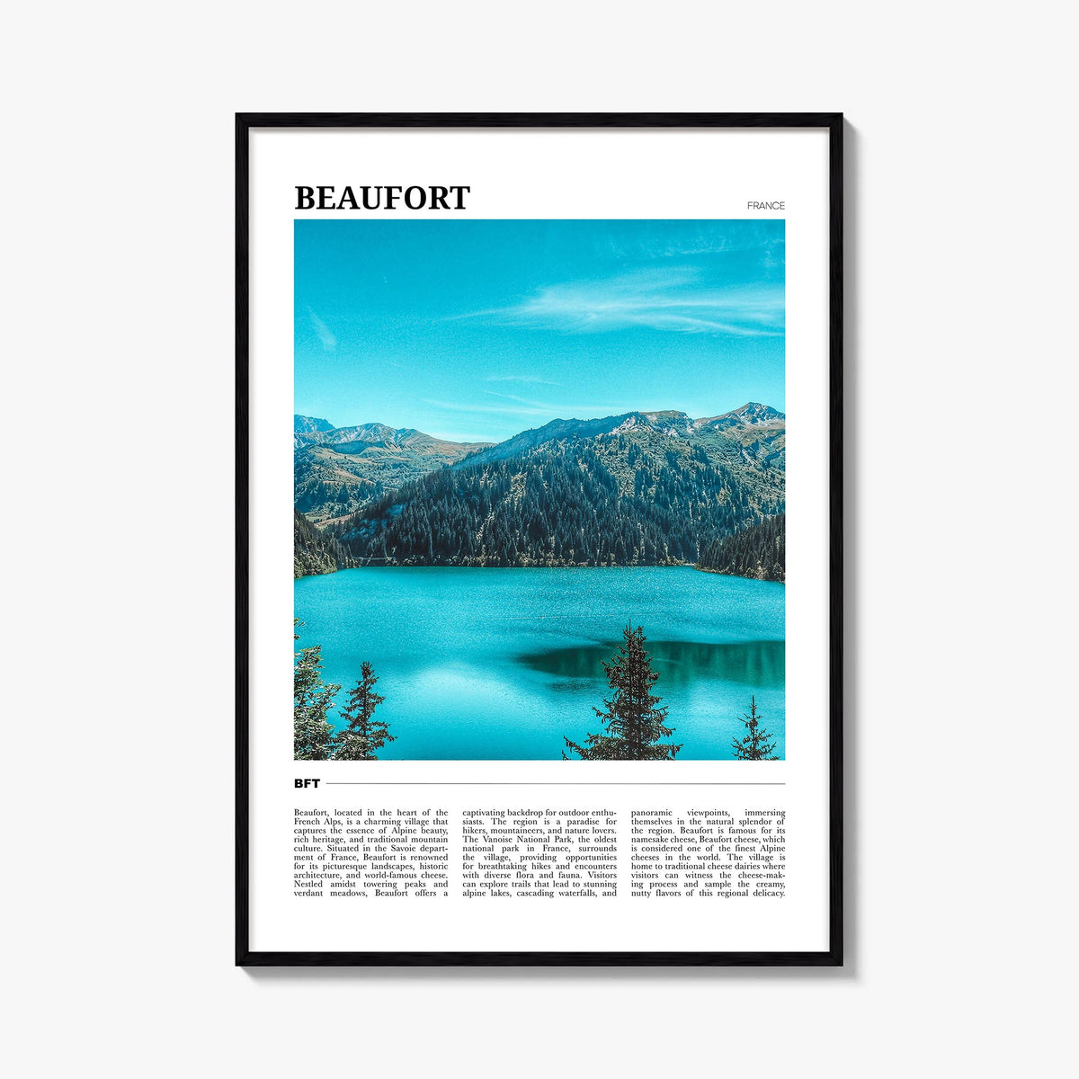 Beaufort, France colorful travel poster of France – vertical wall art, unframed print shown in interior mockup