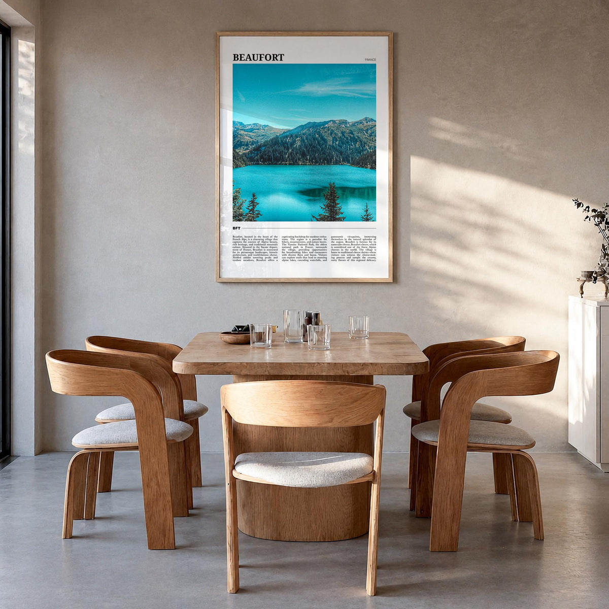 Beaufort, France colorful travel poster of France – vertical wall art in natural wood frame, hanging on wall