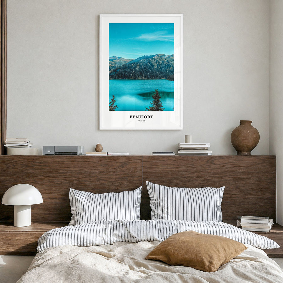 Beaufort, France Classic Poster in a white wood frame, hanging in a bedroom