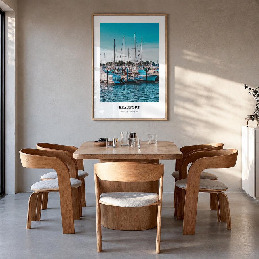 Beaufort, North Carolina colorful classic poster of North Carolina, USA – vertical wall art in natural wood frame, hanging on