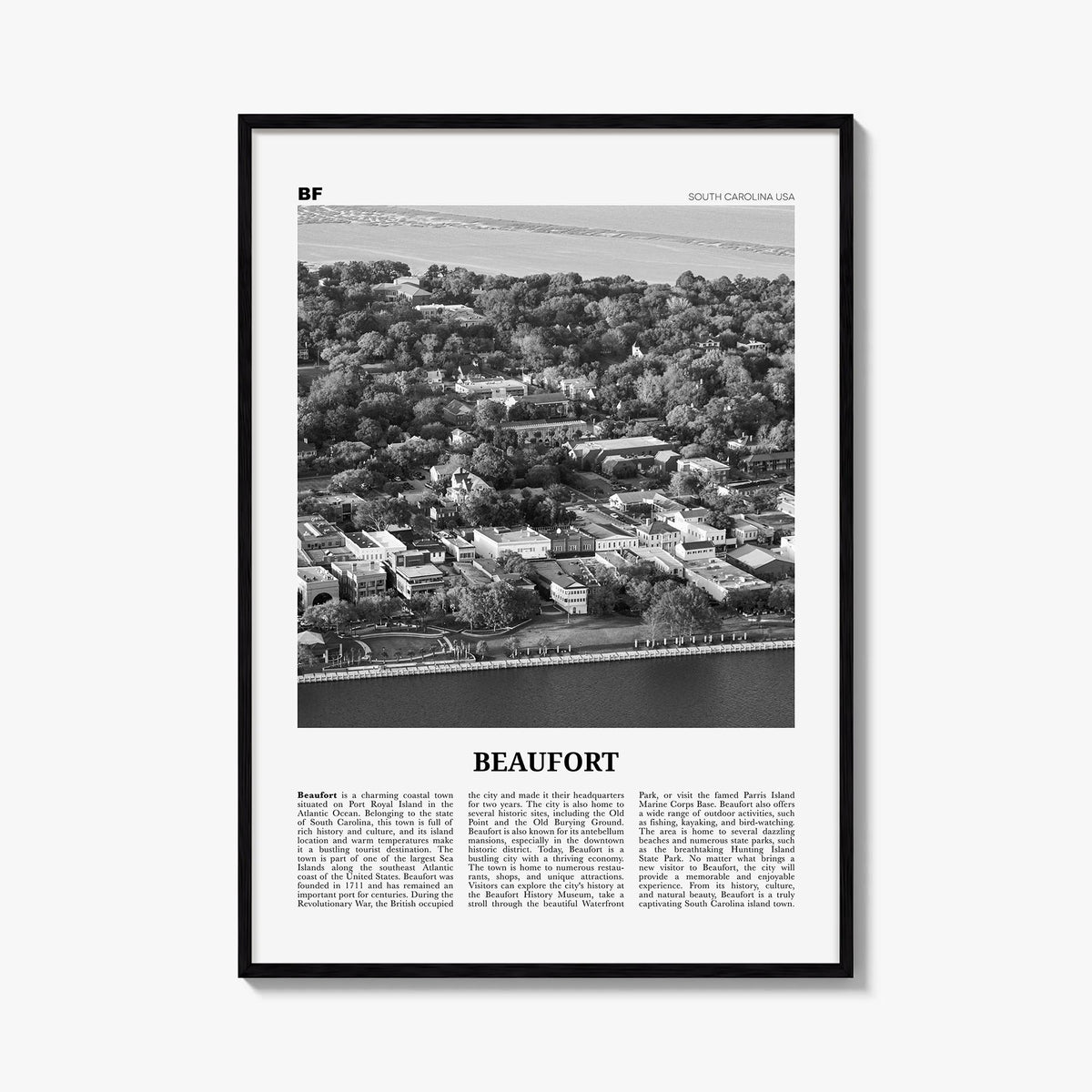 Beaufort, South Carolina black & white newspaper poster of South Carolina, USA – vertical wall art, unframed print shown in i