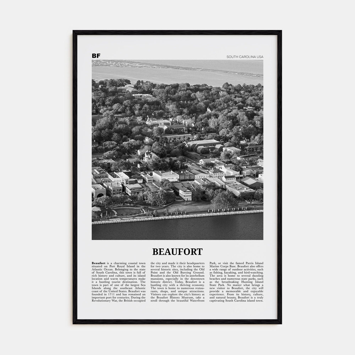 Beaufort, South Carolina Poster Black Wood / 8x12 in Nbourhood Travel B&W Poster