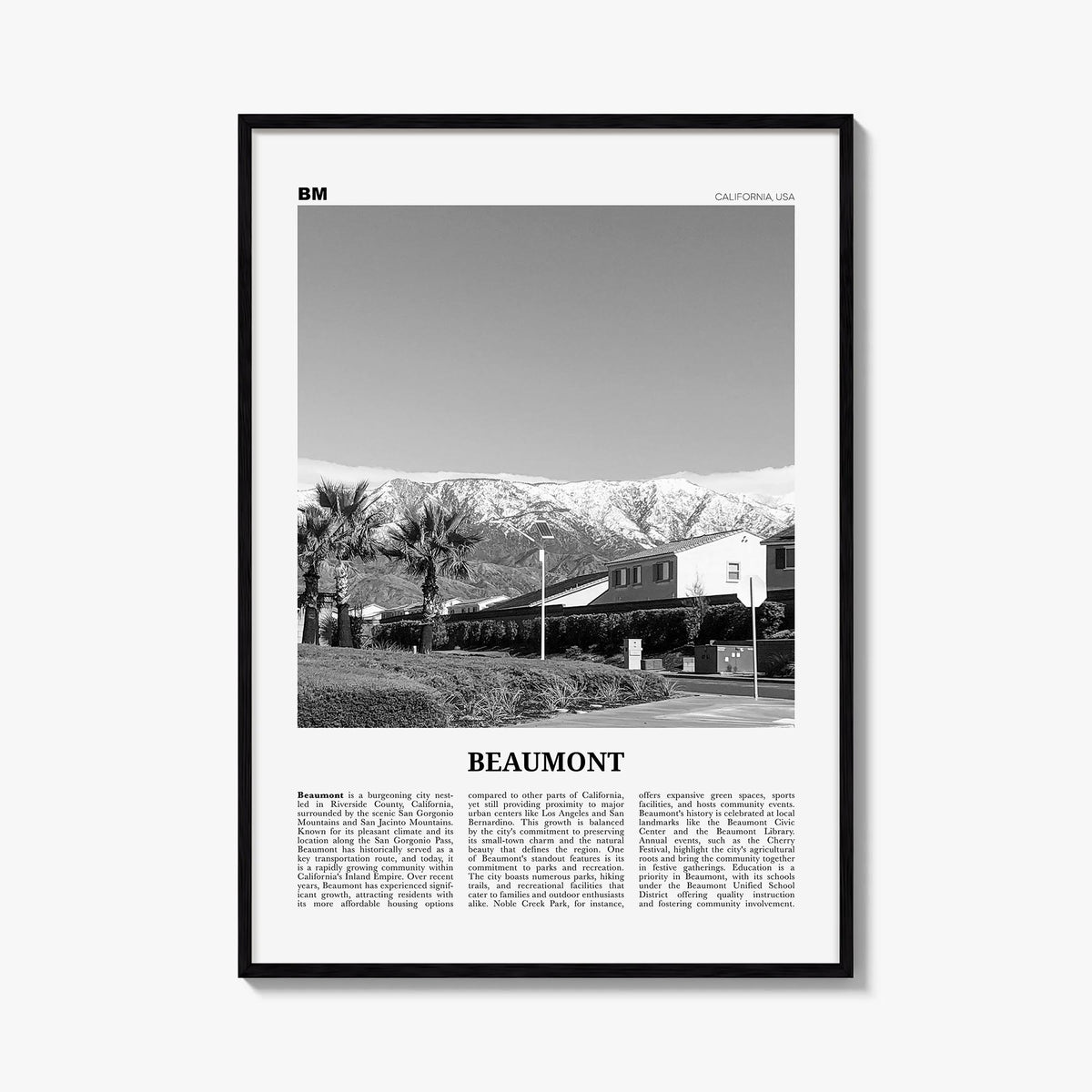 Beaumont, California black & white newspaper poster of California, USA – vertical wall art, unframed print shown in interior 