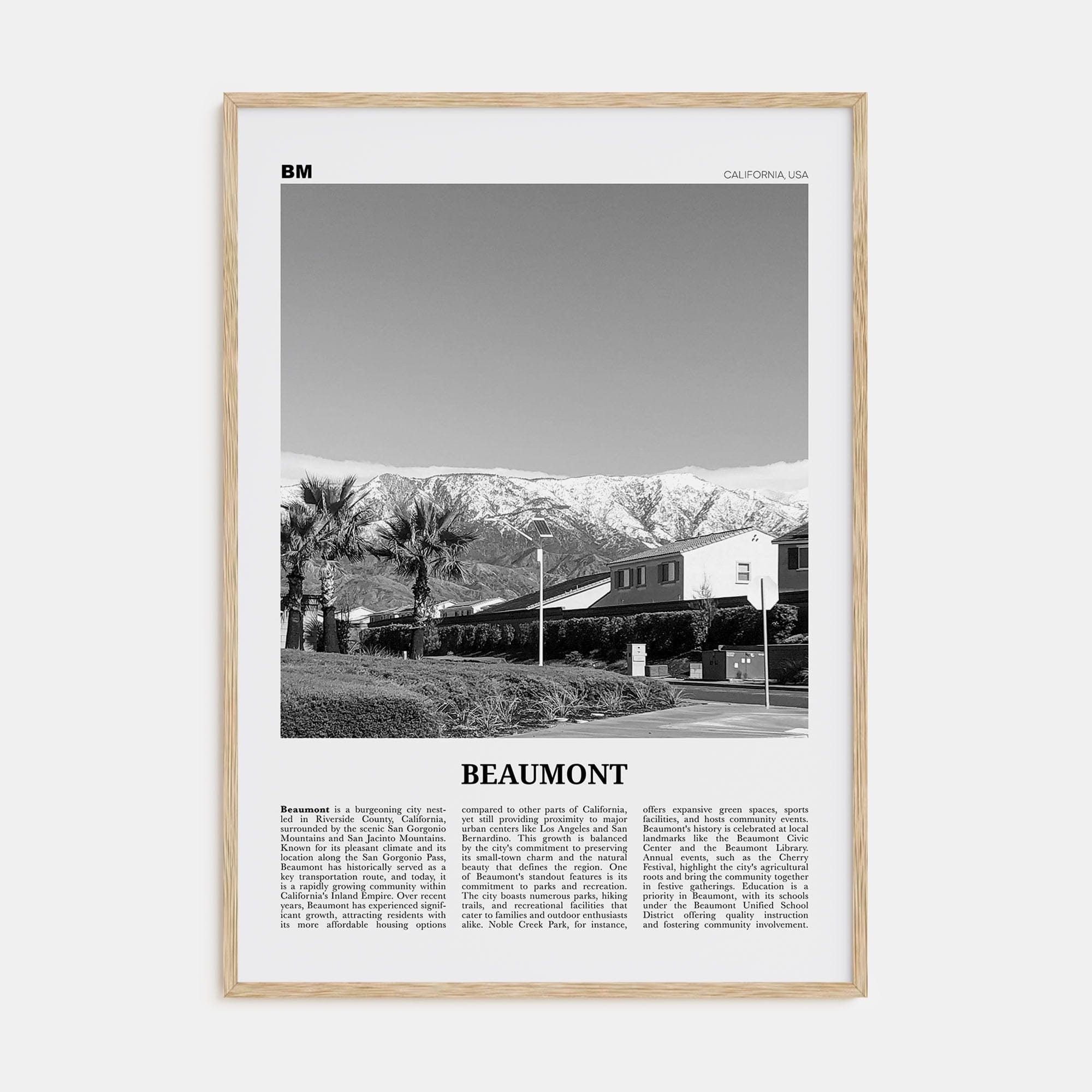 Beaumont, California Poster Natural Wood / 8x12 in Nbourhood Travel B&W Poster