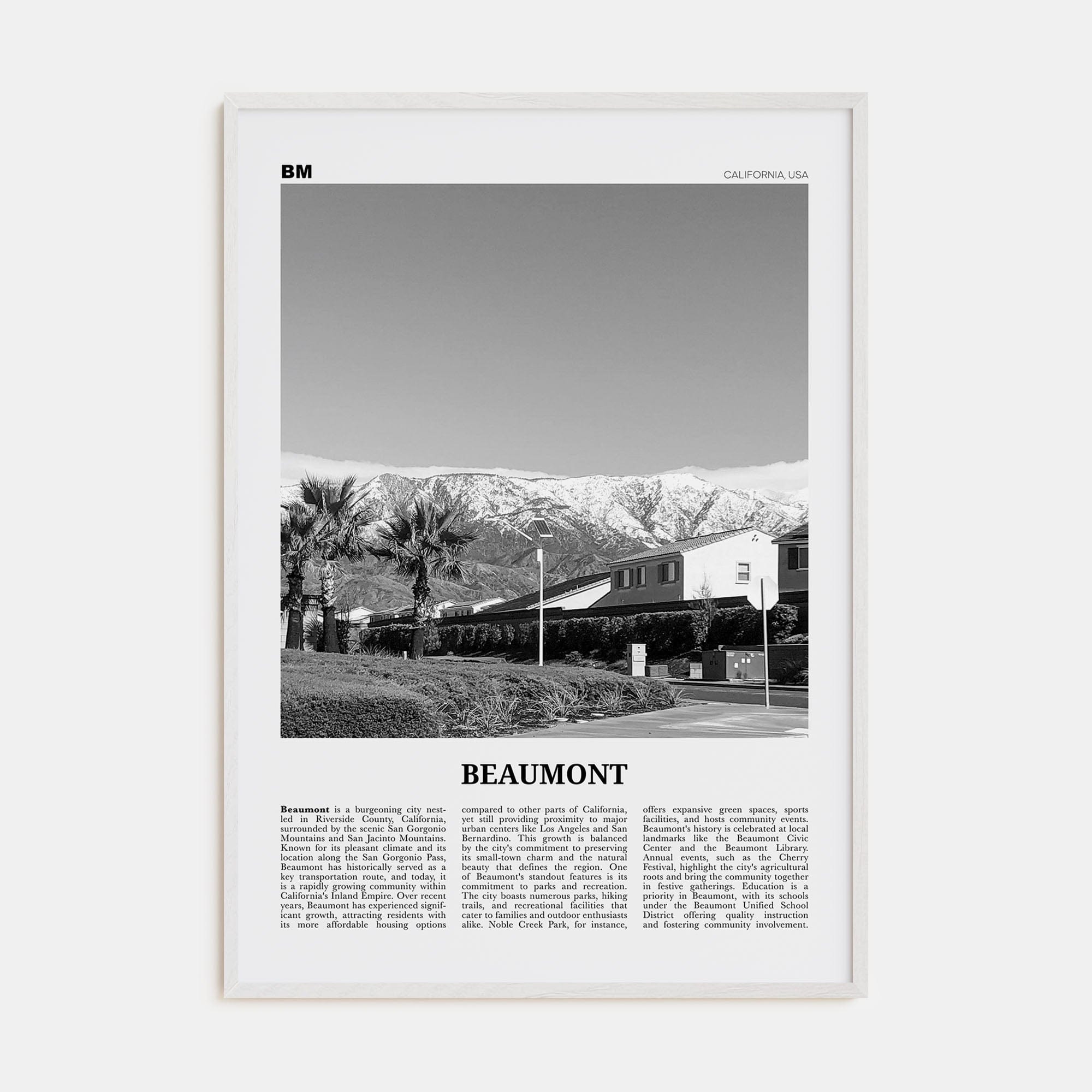 Beaumont, California Poster White Wood / 8x12 in Nbourhood Travel B&W Poster