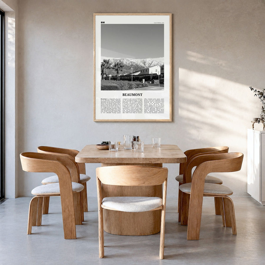 Beaumont, California Newspaper Poster in a natural wood frame, hanging in a dining room