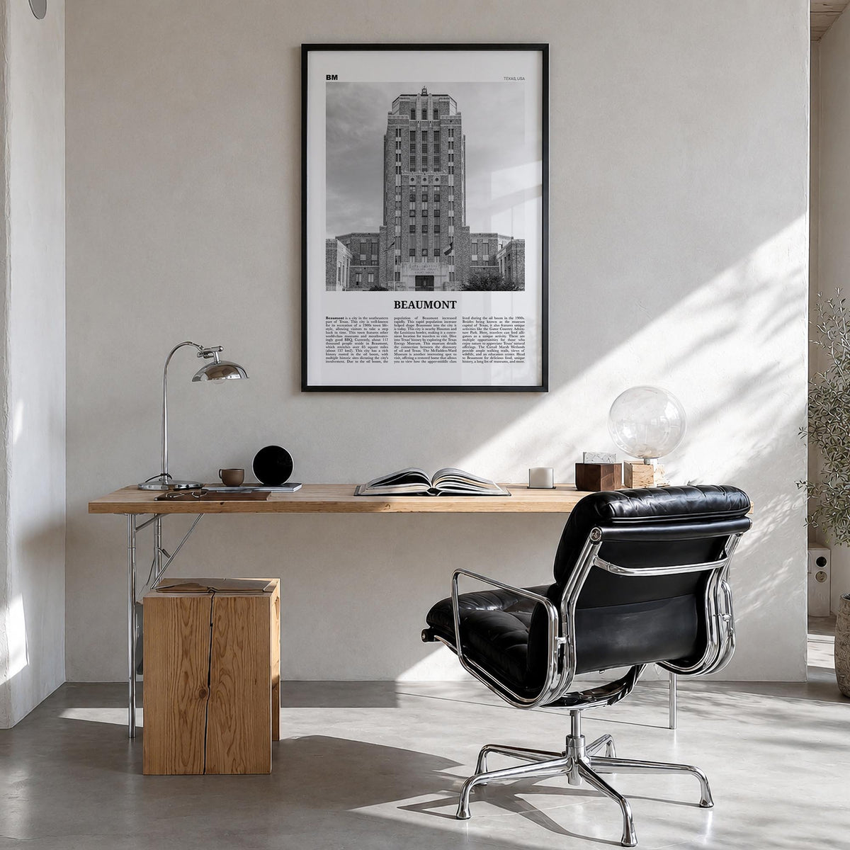 Beaumont, Texas black & white newspaper poster of Texas, USA – vertical wall art in black wood frame, hanging on wall