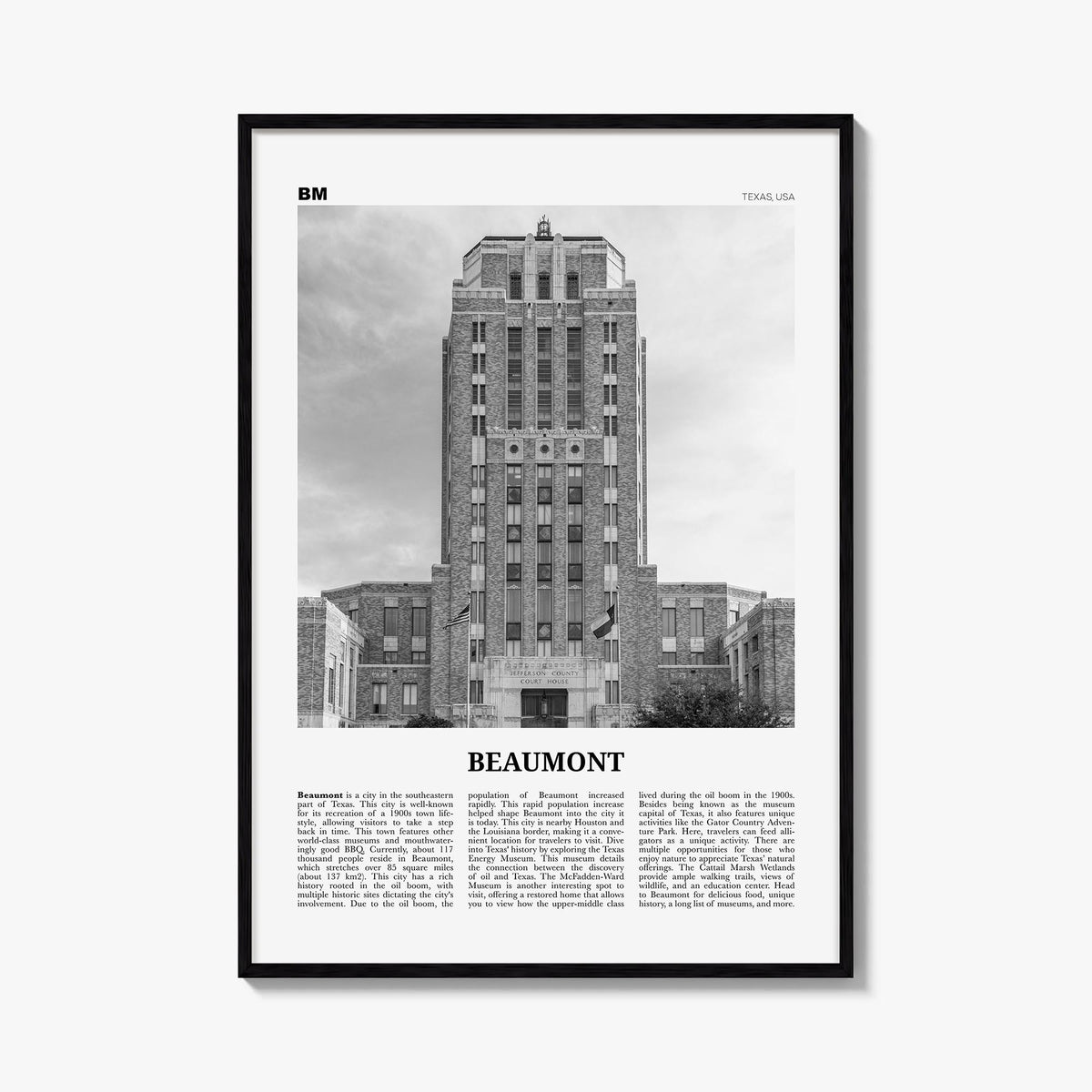 Beaumont, Texas black & white newspaper poster of Texas, USA – vertical wall art, unframed print shown in interior mockup