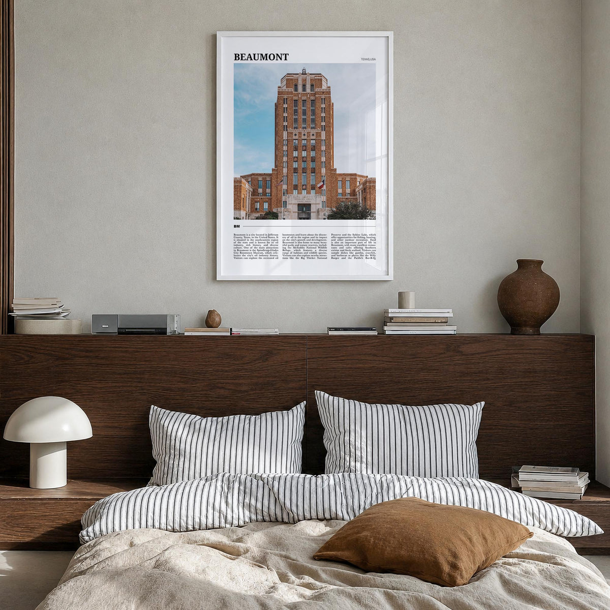 Beaumont, Texas colorful travel poster of Texas, USA – vertical wall art in white wood frame, hanging on wall