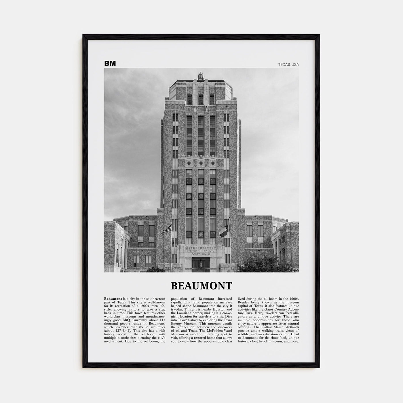 Beaumont, Texas Poster Black Wood / 8x12 in Nbourhood Travel B&W Poster