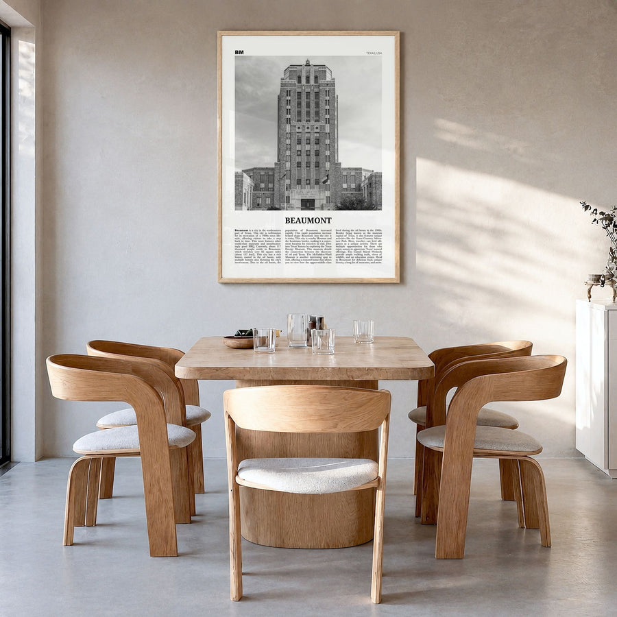 Beaumont, Texas Newspaper Poster in a natural wood frame, hanging in a dining room
