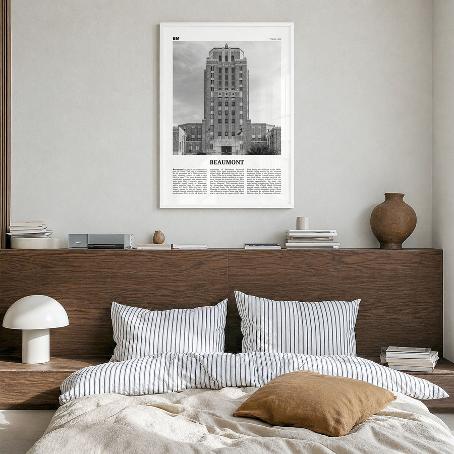 Beaumont, Texas Newspaper Poster in a white wood frame, hanging in a bedroom